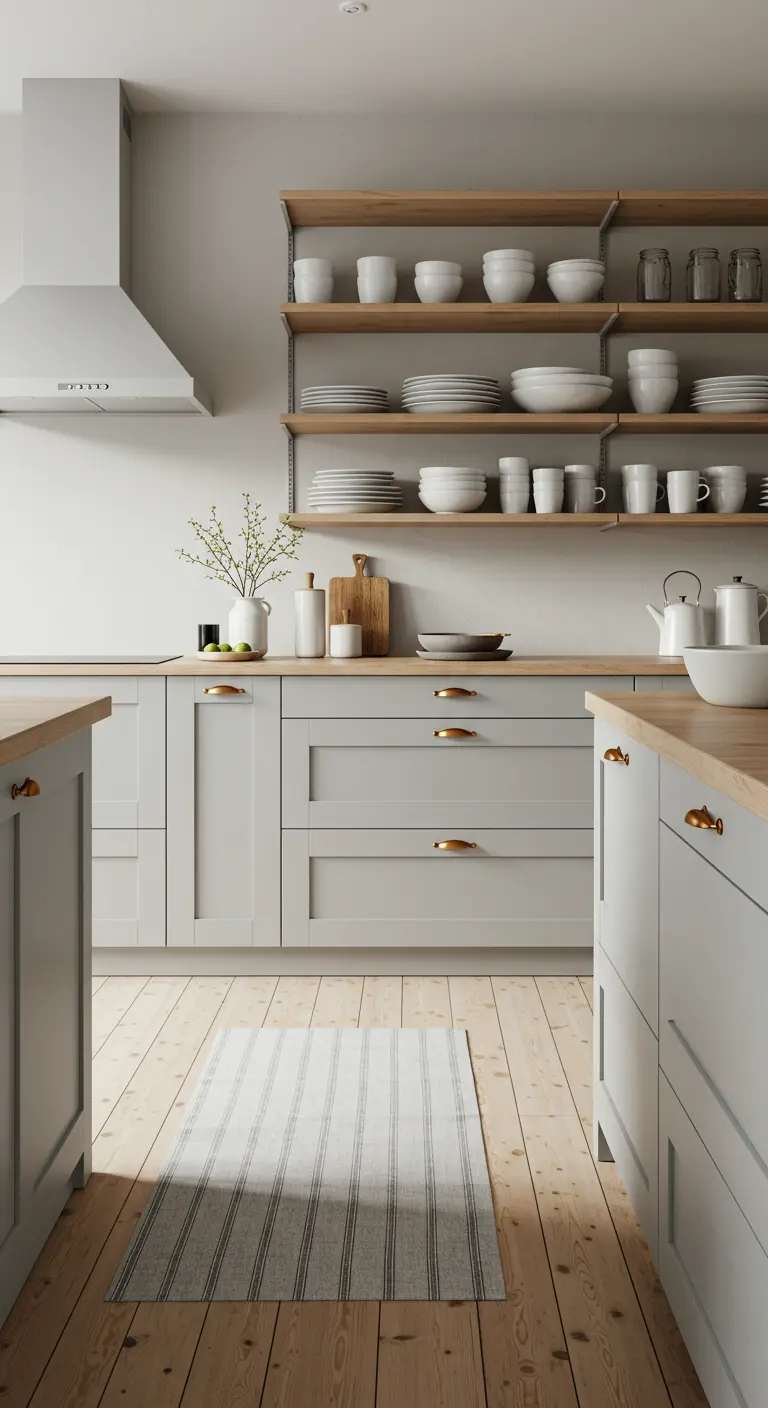 Kitchen with light grey cabinets below and open wood shelving above, styled with white dishes.