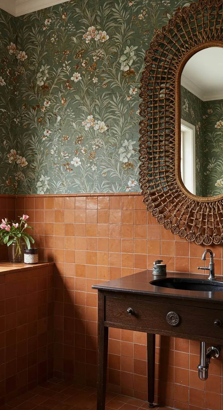 Bathroom with floral wallpaper above glossy terra-cotta tile wainscoting.