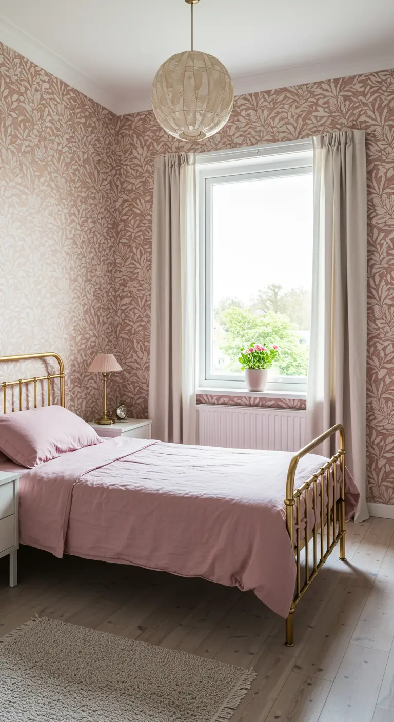 A bedroom with pink floral wallpaper and a simple gold bed frame.