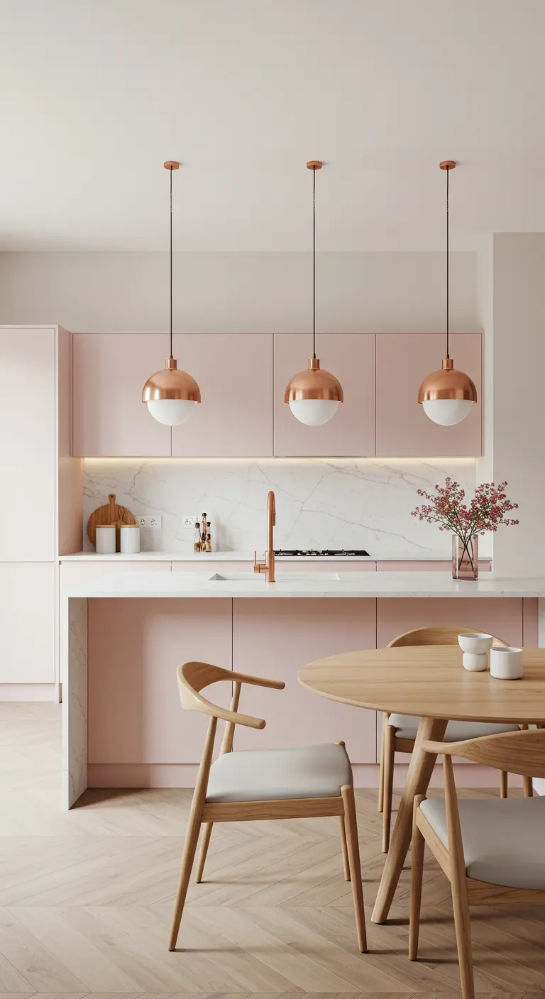 Kitchen with pink cabinets, rose gold pendants, and a light wood dining set.