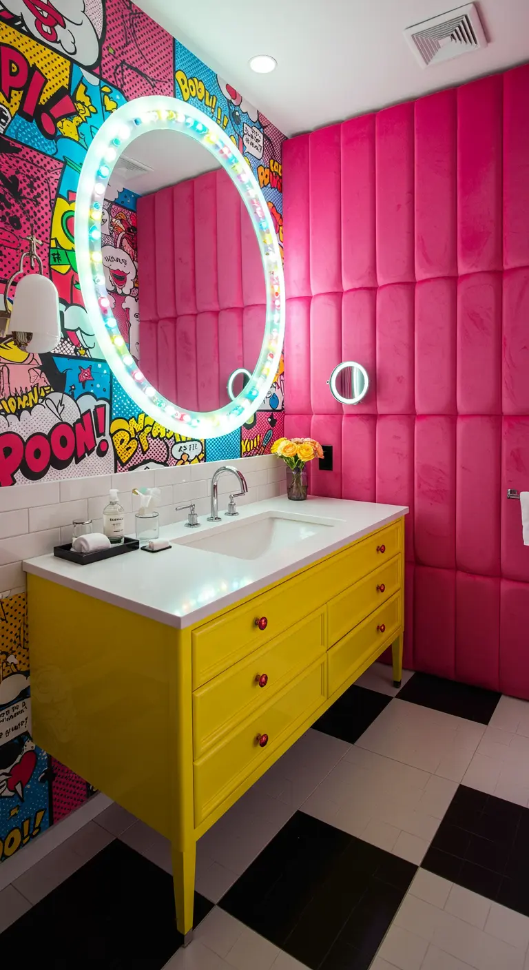 Pop art bathroom with comic book wallpaper, a hot pink velvet wall, and a yellow vanity.
