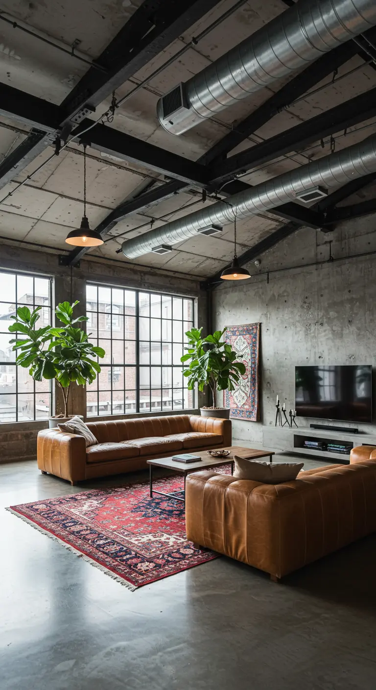 Industrial loft living room with concrete walls, leather sofas, and a large red Persian rug.