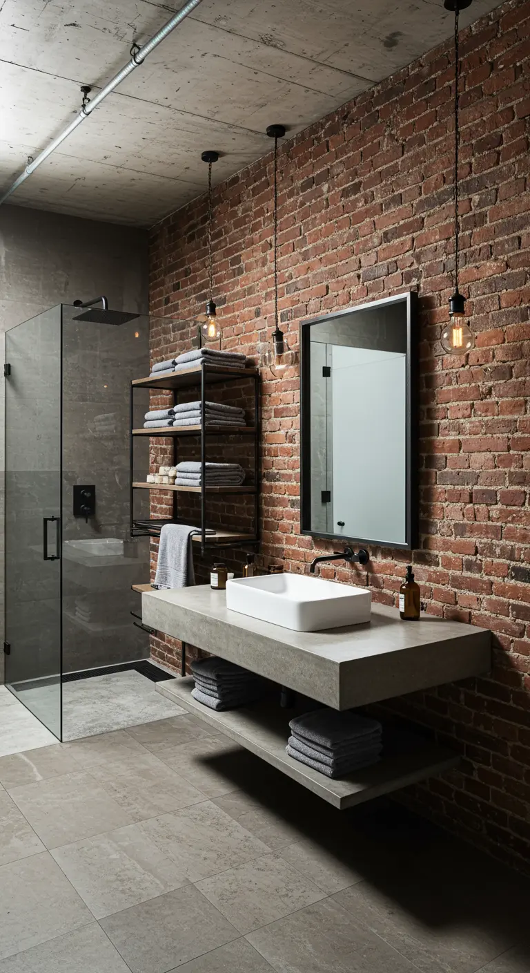 Industrial bathroom with a red brick wall, floating concrete vanity, and minimalist pendant lights.