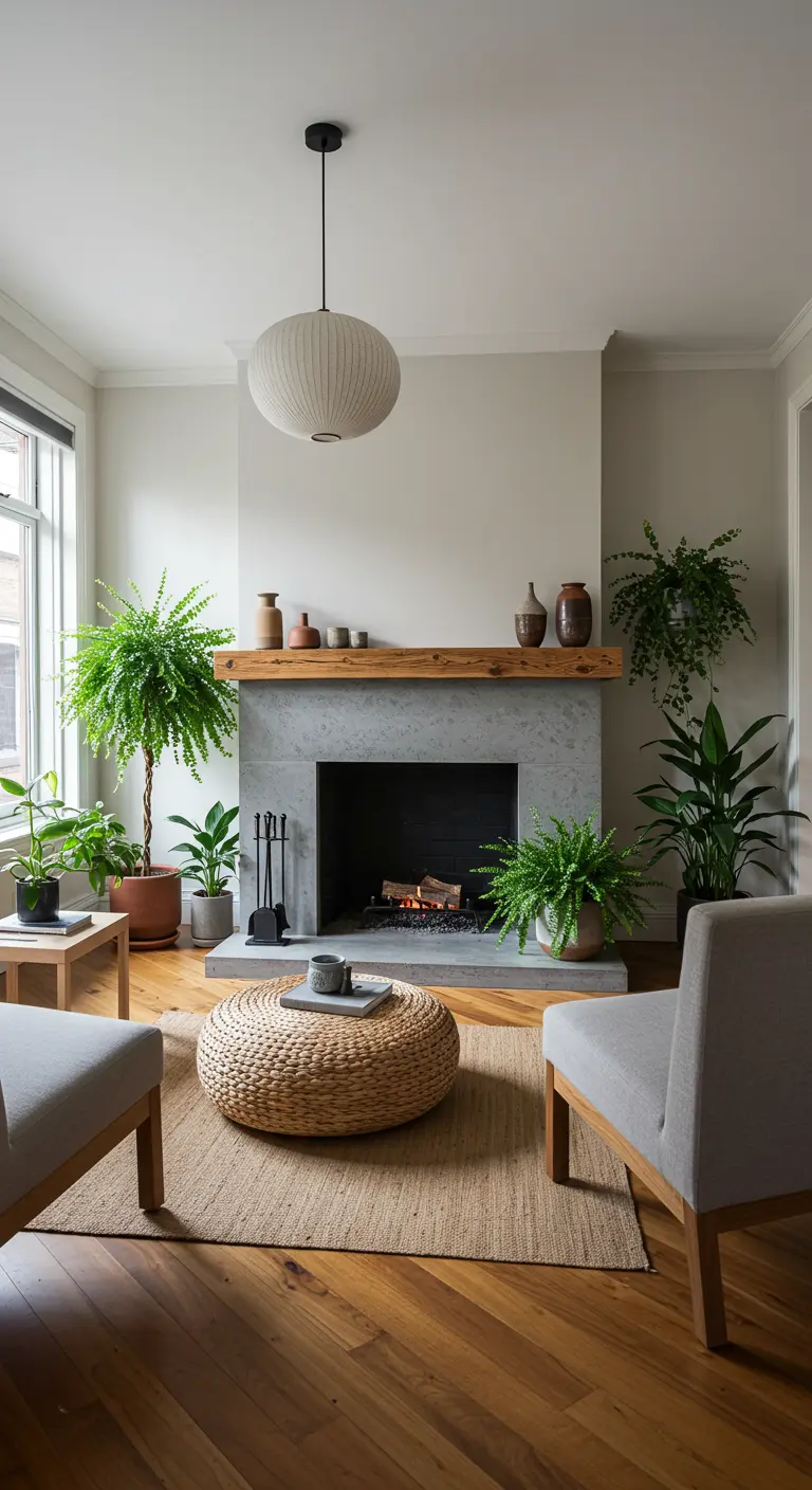 Living room with a concrete fireplace, wood mantel, wicker ottoman, and several large plants.