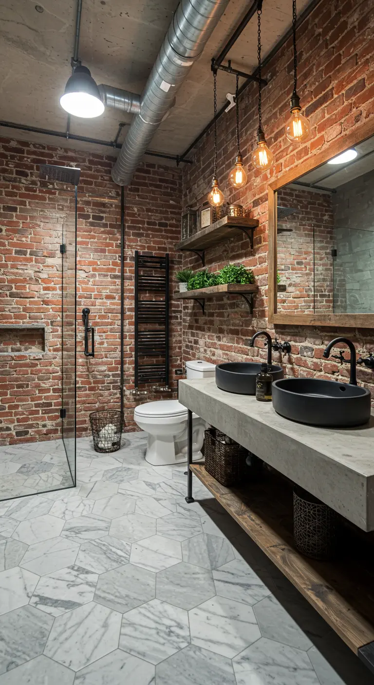 An industrial bathroom with an exposed brick wall, concrete vanity, and marble hexagon floor.