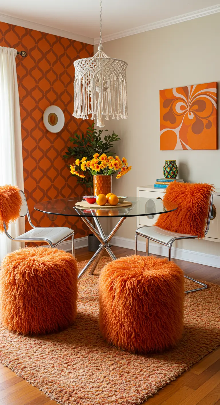 Retro dining room with orange shag poufs, orange patterned wallpaper, and modern chrome chairs.