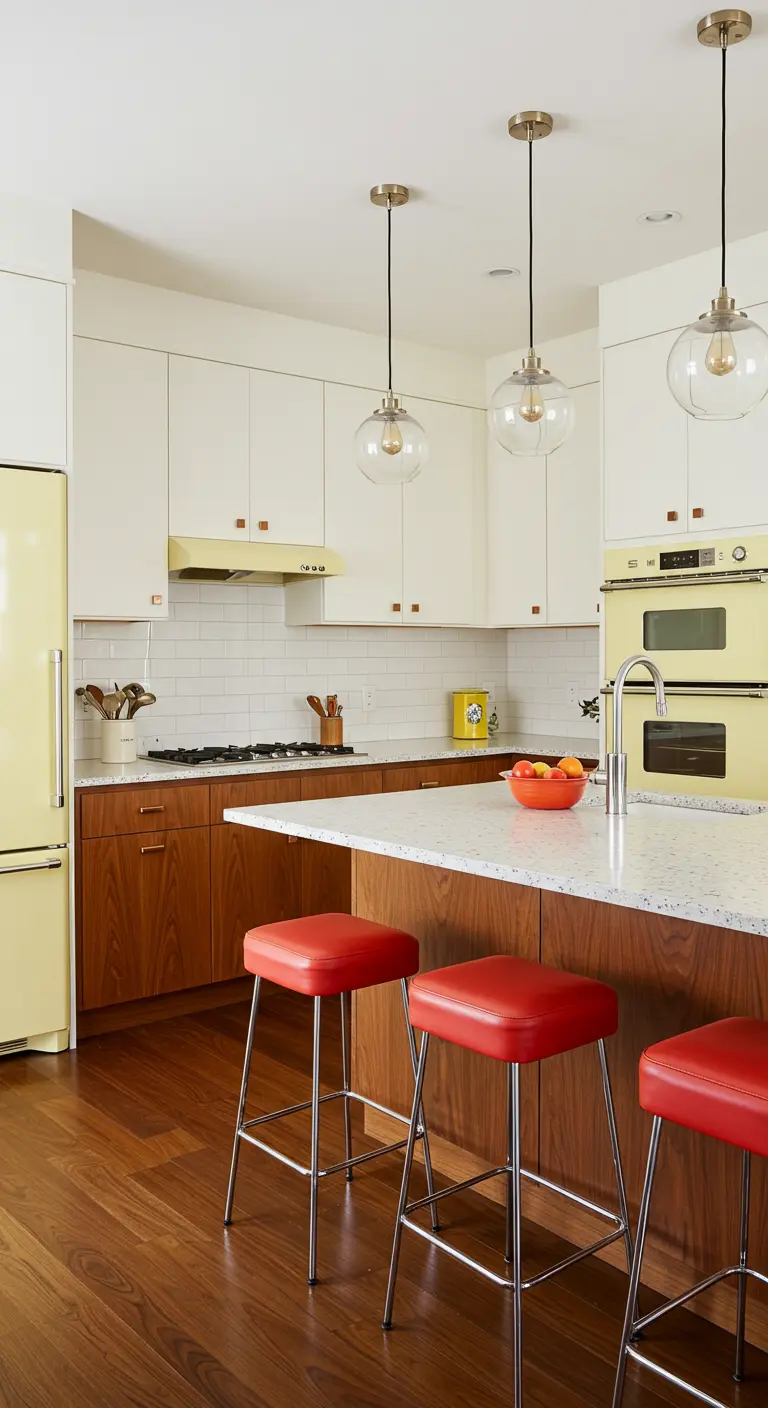Mid-century kitchen with walnut lower cabinets, white uppers, and yellow retro appliances.