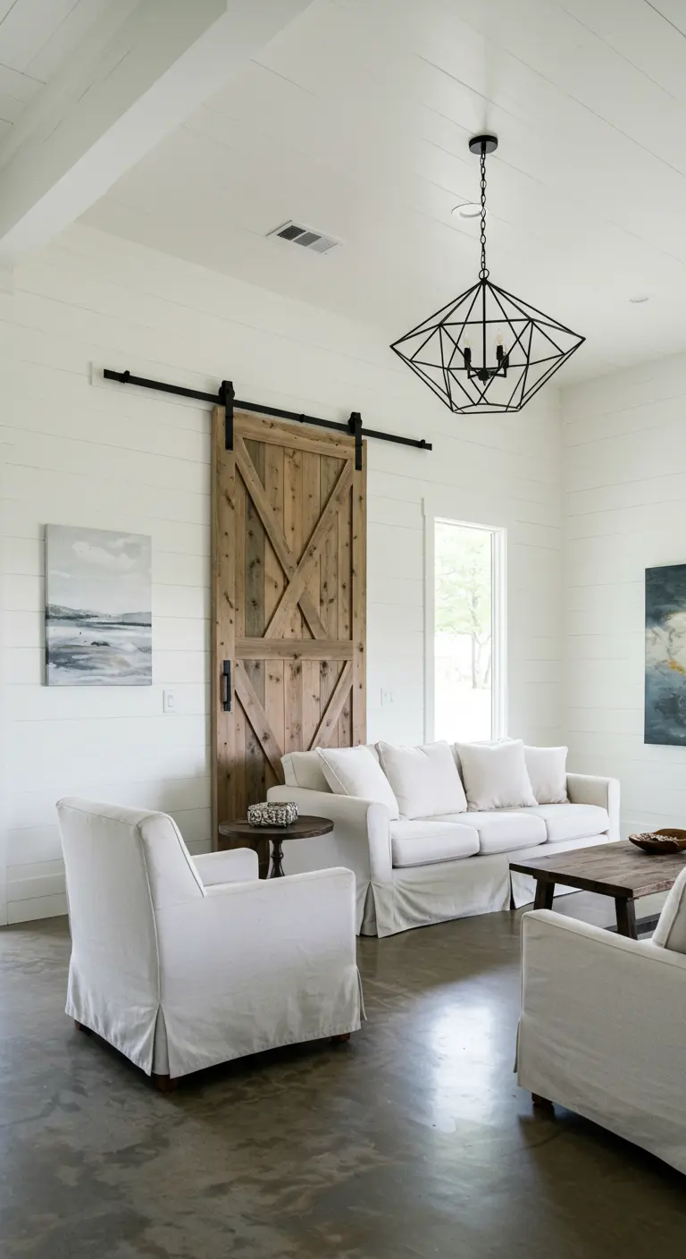 Modern farmhouse living room with a sliding barn door, concrete floor, and geometric chandelier.