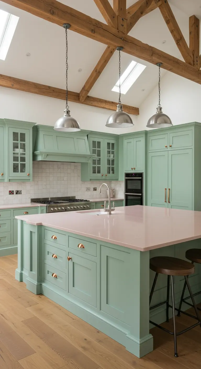Vaulted-ceiling kitchen with wood beams, mint cabinets, and a large pink quartz island.