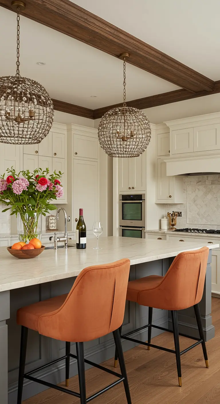Kitchen with dark wood ceiling beams, burnt orange velvet stools, and two crystal globe chandeliers.