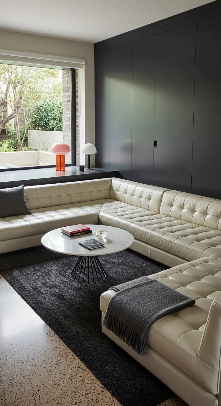 A large white tufted leather sectional against a wall of matte black, handleless cabinets.