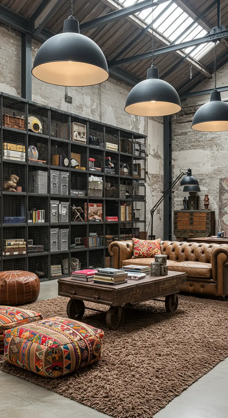 Large industrial living room with a massive black metal shelving unit and colorful patchwork poufs.