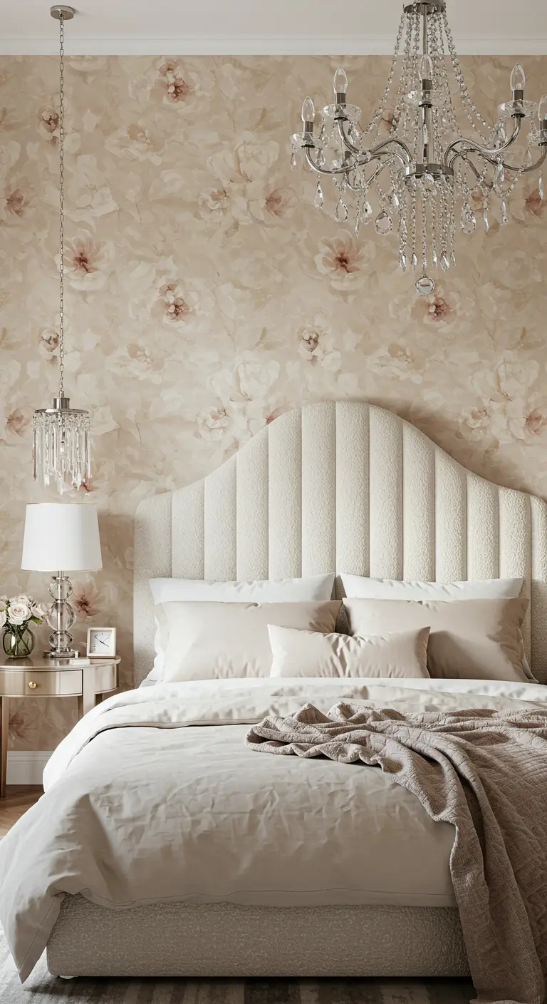 Elegant bedroom with floral wallpaper, a cream headboard, and crystal chandeliers.