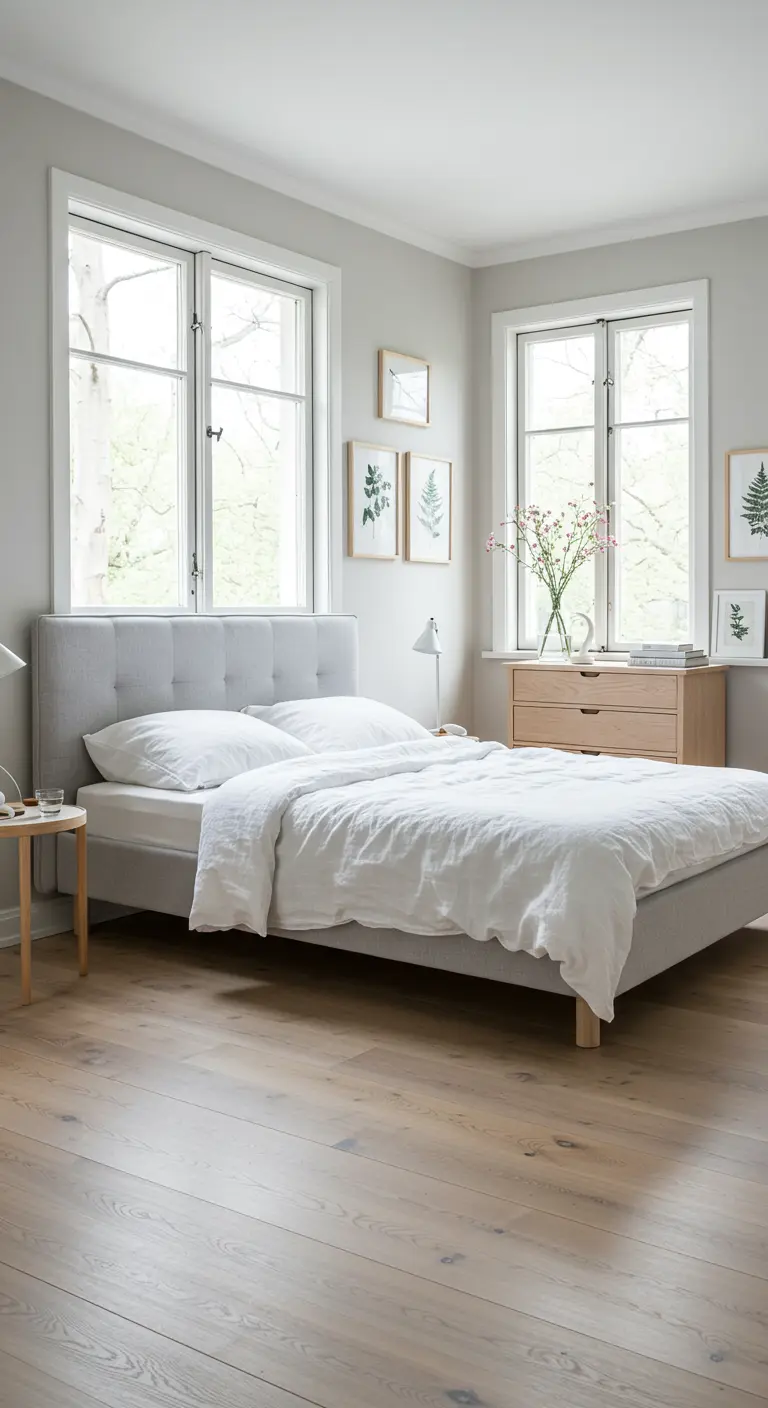 Light-filled bedroom with a grey upholstered bed, light wood floors, and botanical prints.