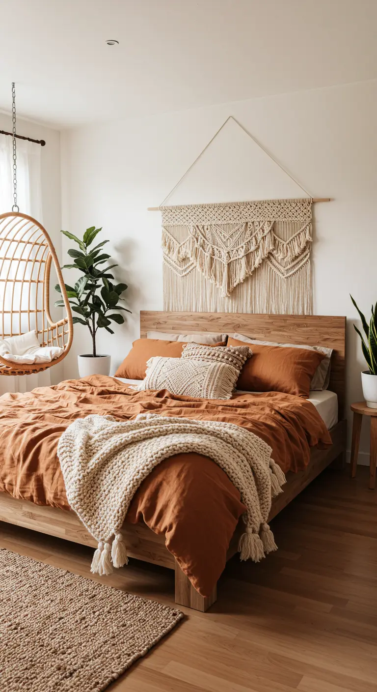 Bohemian bedroom with a macrame wall hanging, terracotta bedding, and a rattan hanging chair.