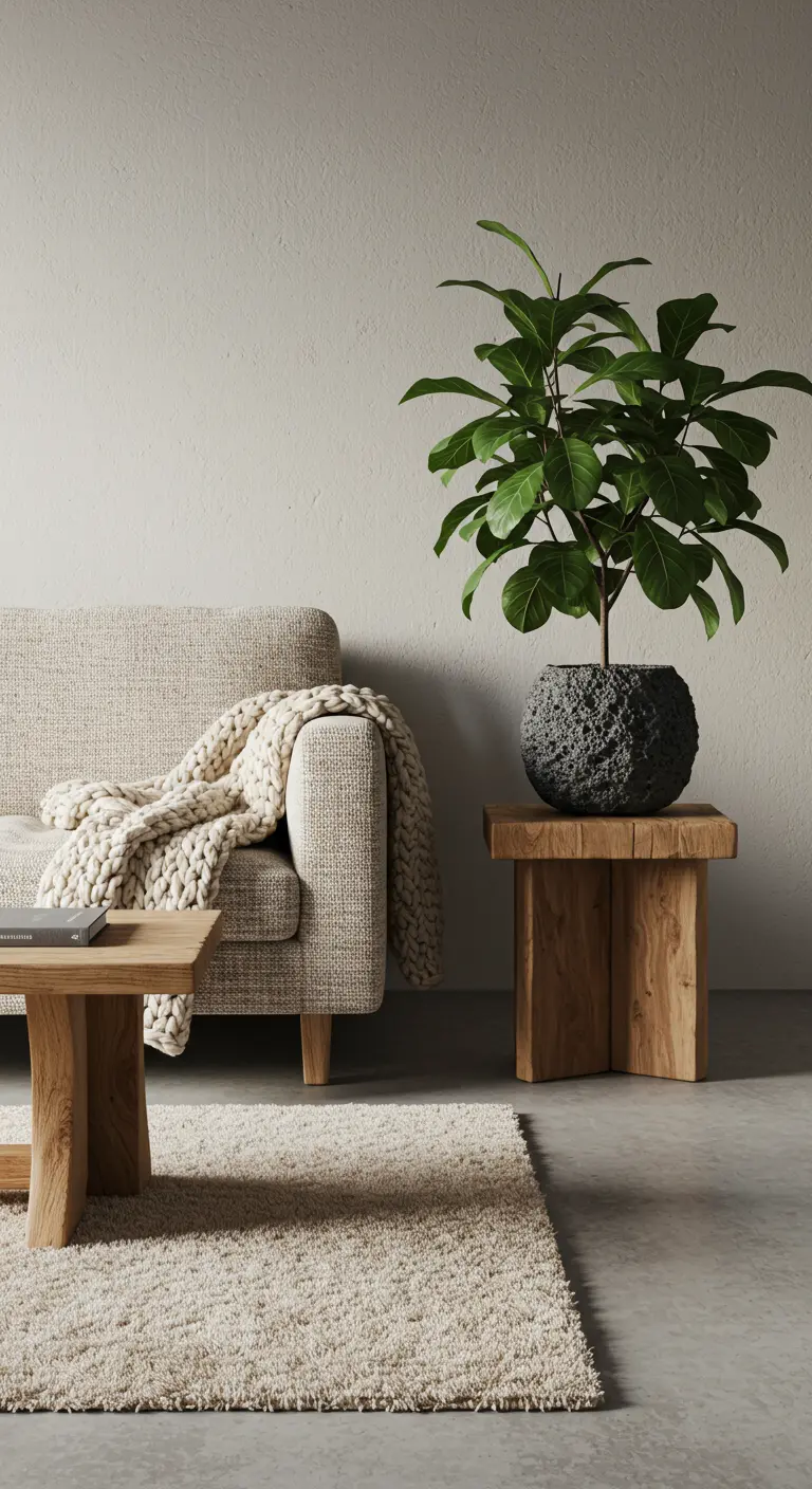Close-up of a bouclé sofa, a chunky knit throw, and a blocky wooden side table.