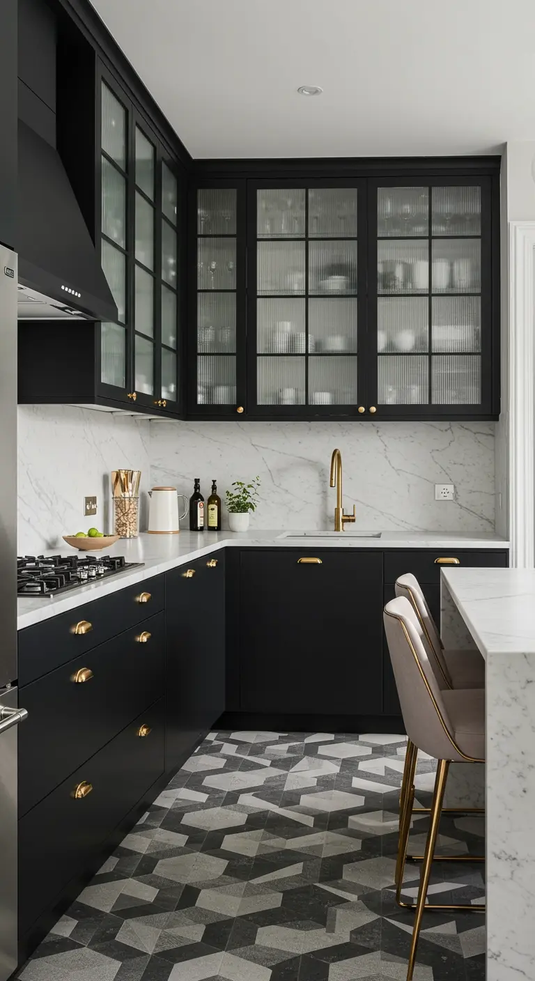 Kitchen with black cabinets, some with reeded glass fronts, and a marble backsplash.