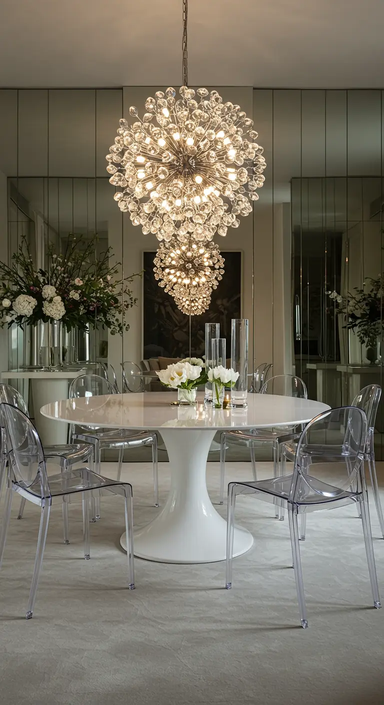 Modern dining room with a white tulip table, clear acrylic chairs, and a crystal globe chandelier.