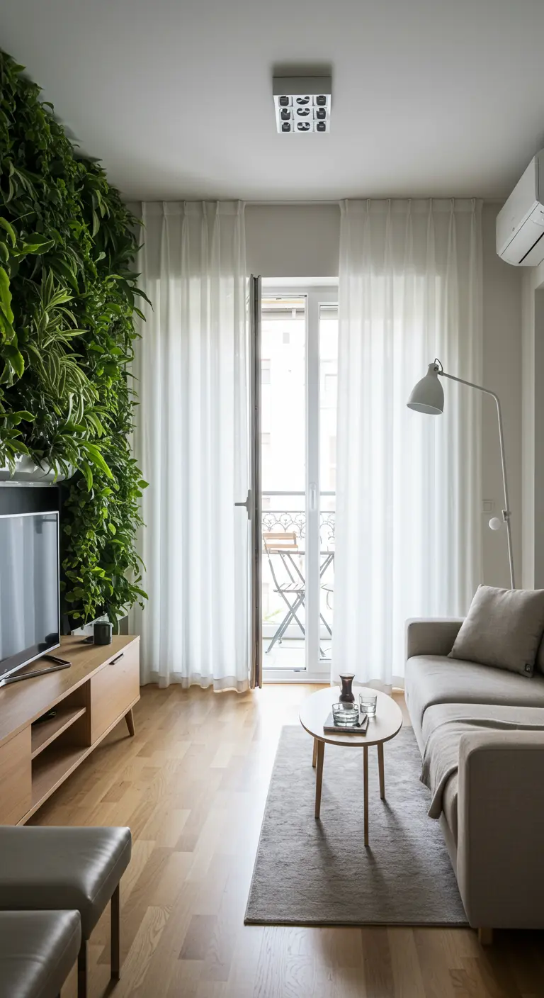 A living room featuring a large living wall next to a TV on a light wood console.