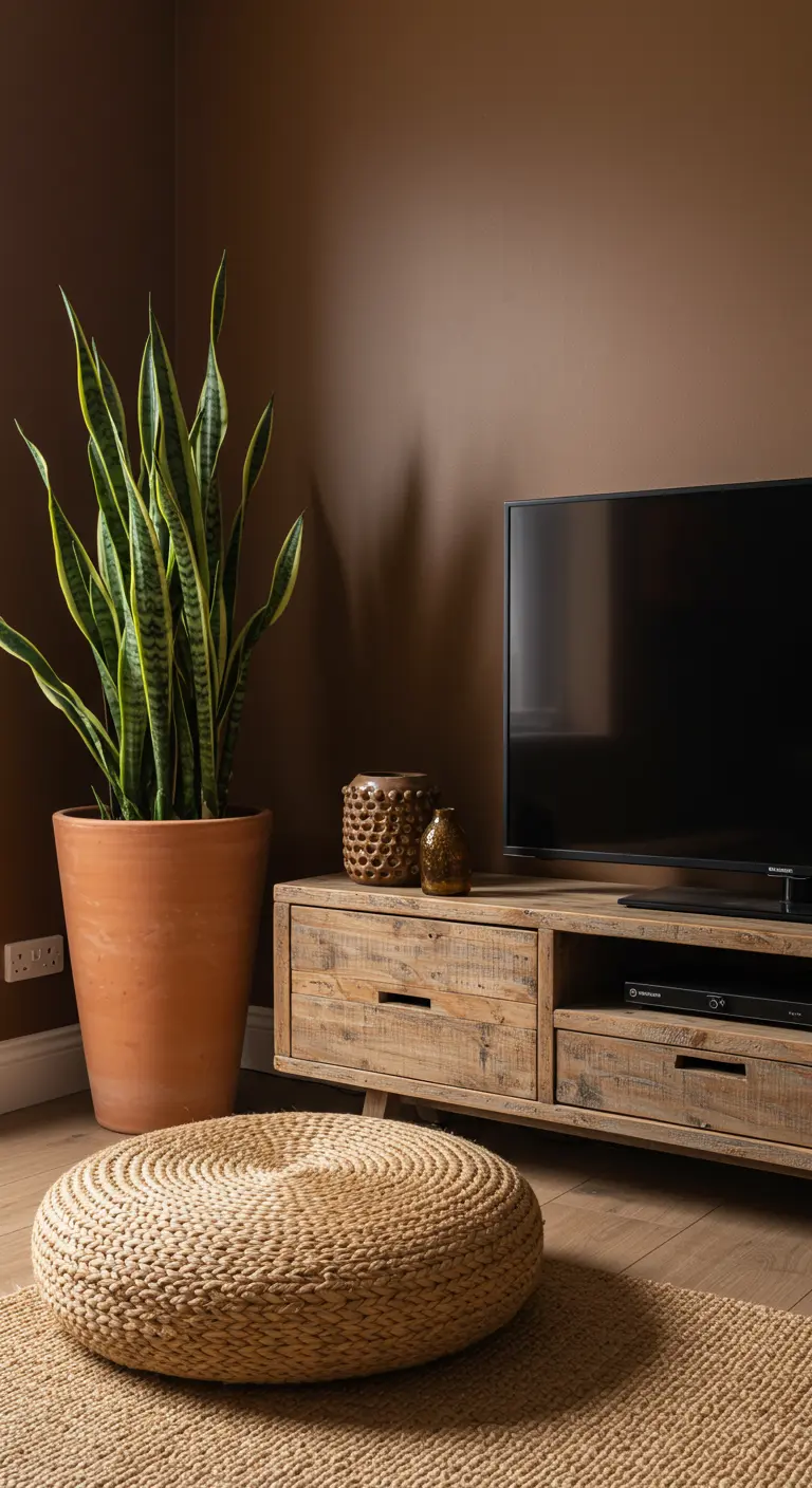 A TV on a wood console, balanced by a large snake plant in a terracotta pot and a woven pouf.