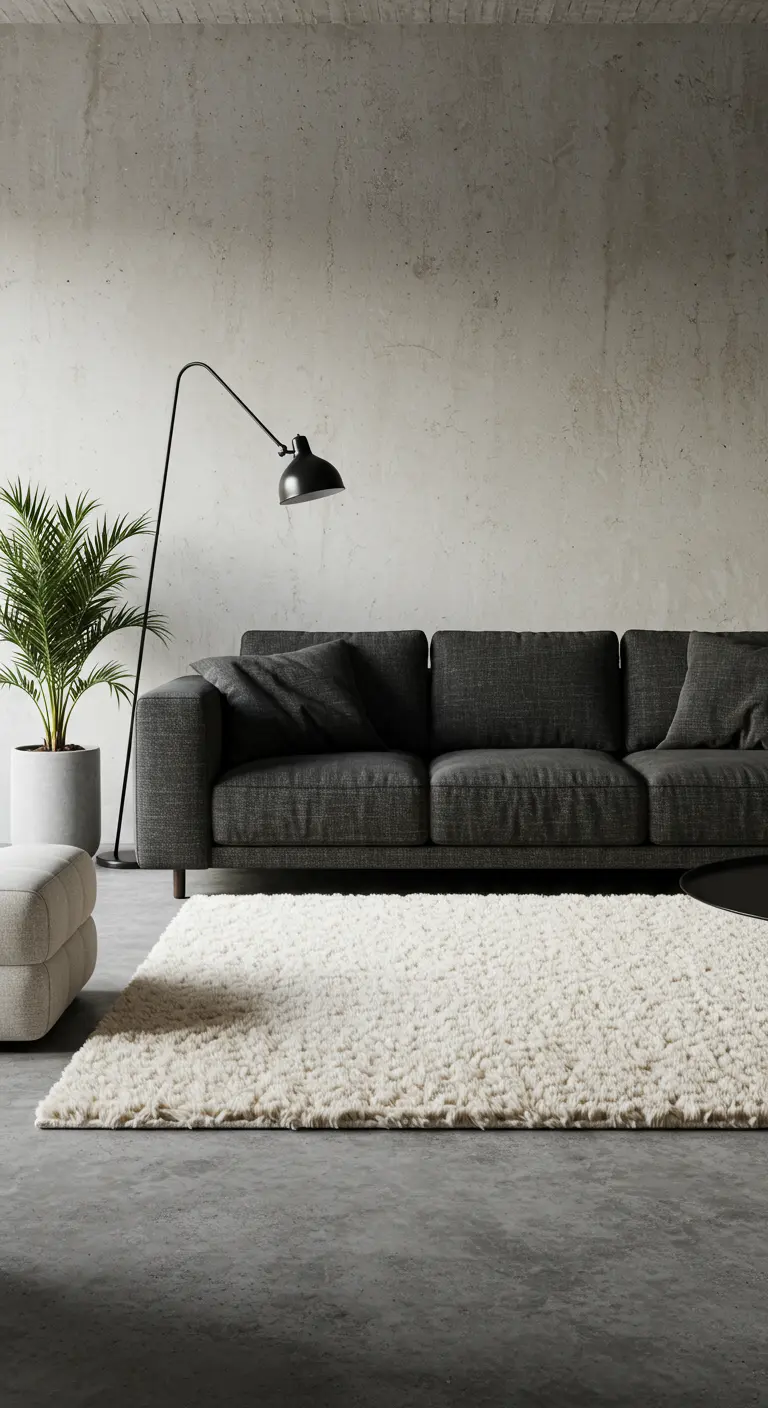 A living room with a charcoal sofa, a plush white shag rug, and a minimalist black floor lamp.