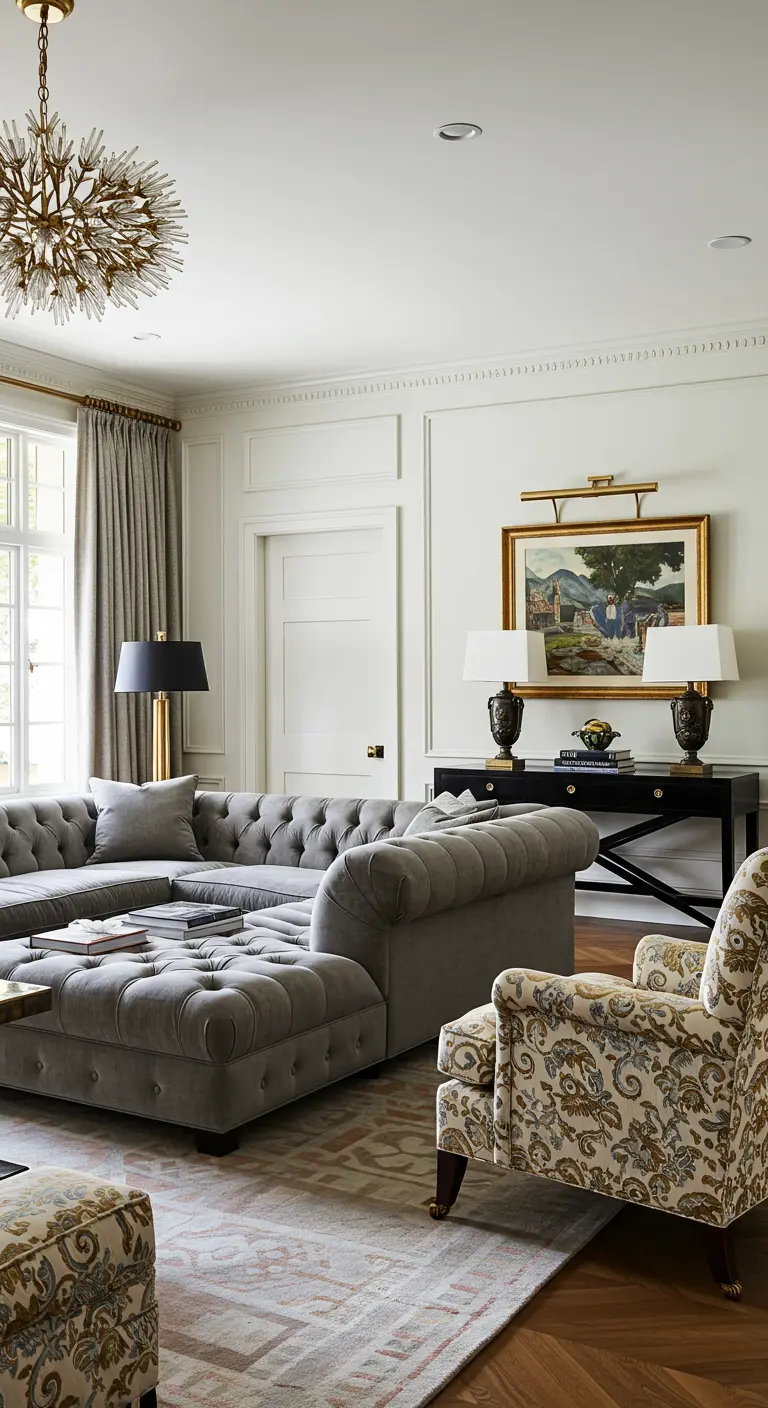 A large, gray tufted sectional sofa with a matching ottoman and a floral armchair.