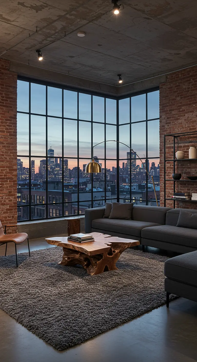 Modern loft living room with brick walls, a large grey sectional, and a live-edge coffee table.