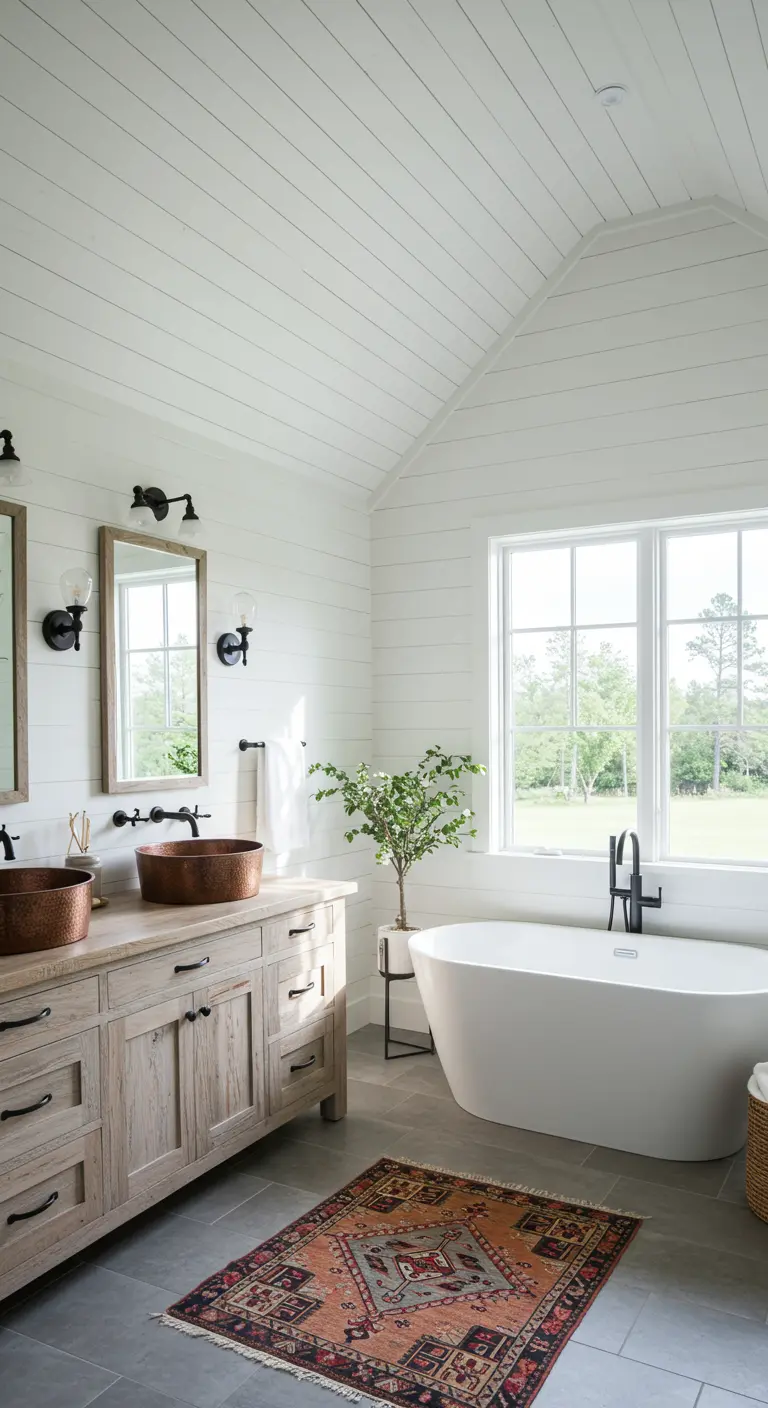 Bright farmhouse bathroom with white shiplap, wood vanity, and copper sinks.