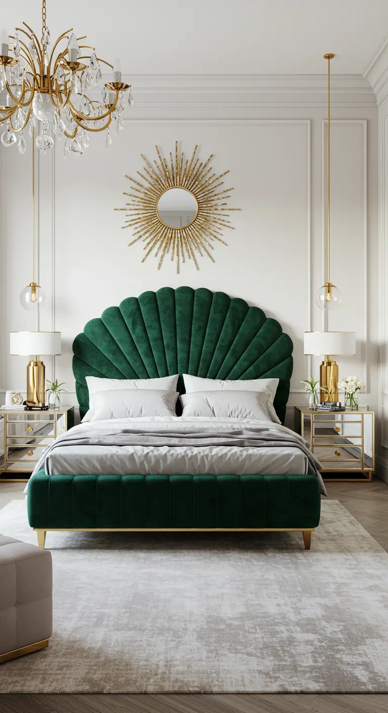 Bedroom with a green velvet shell-shaped headboard, a gold sunburst mirror, and mirrored nightstands.