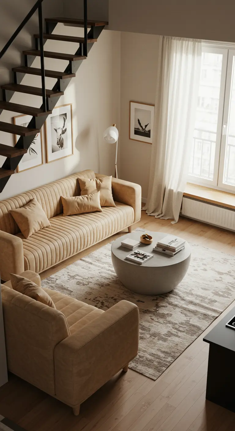 Living room with a beige tufted sofa and a concrete coffee table under an open staircase.