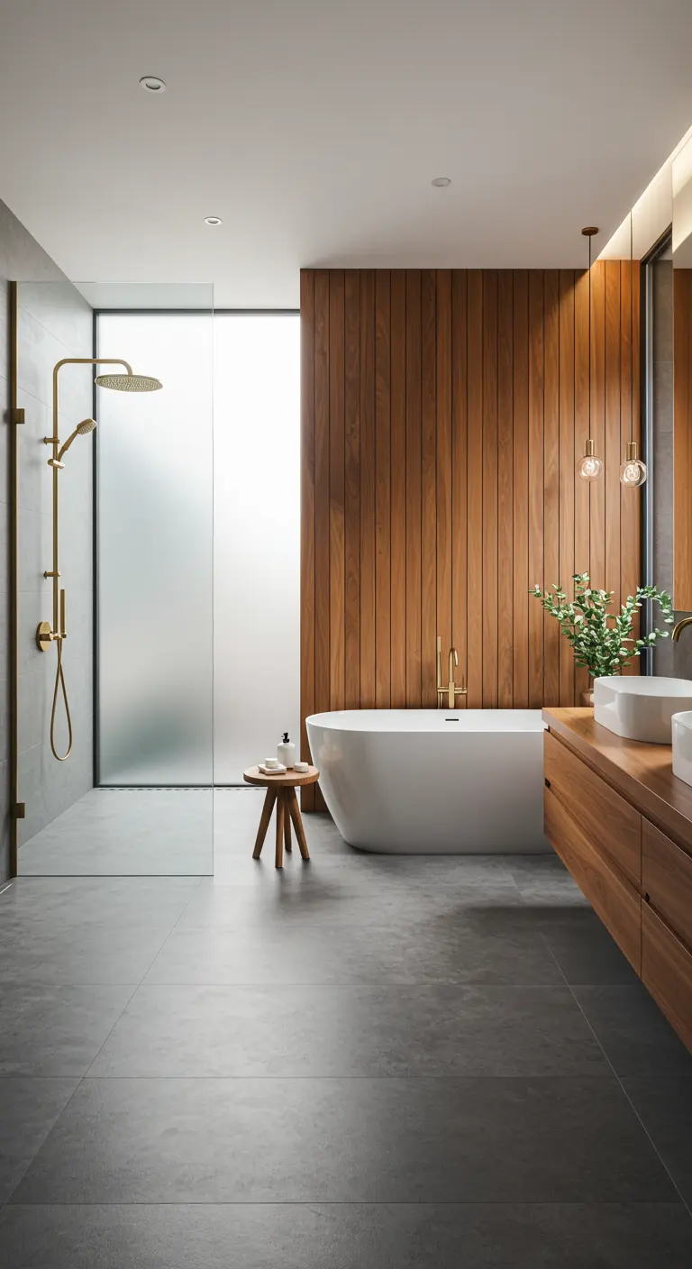 Modern bathroom with a teak accent wall, freestanding tub, and brass fixtures.