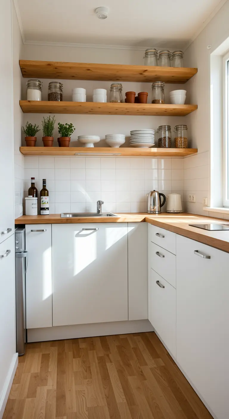 A compact L-shaped kitchen with white cabinets, wood countertops, and matching open wood shelves.