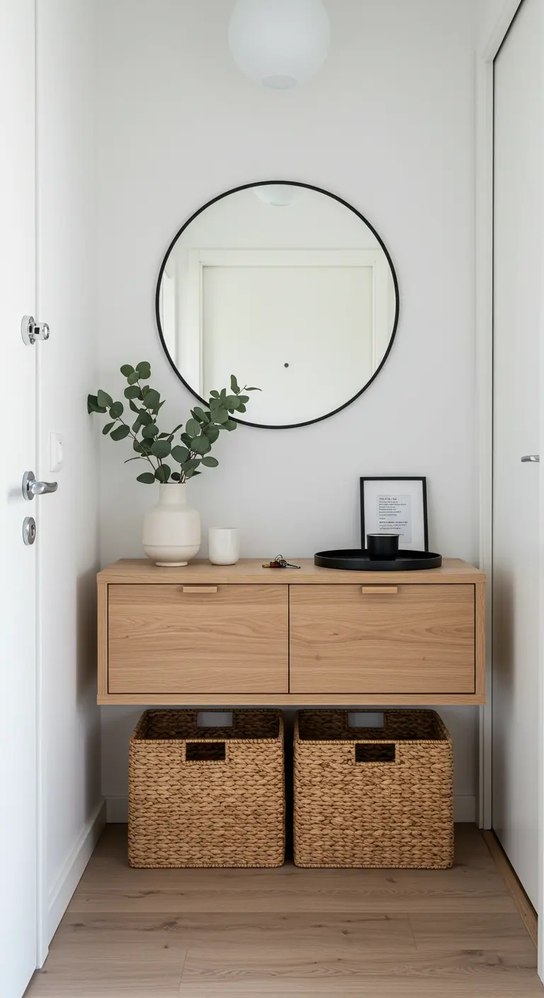 Light wood floating console with a round mirror and two woven baskets underneath in a narrow entryway.