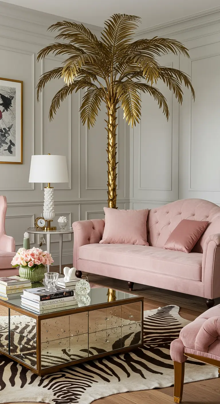 A light-filled living room with a pink velvet tufted sofa, a gold palm tree statue, and a zebra-print rug.