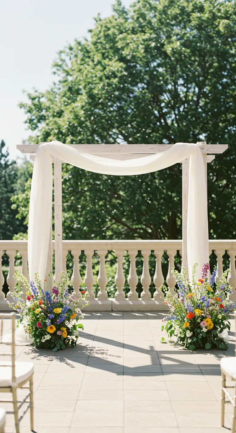 A white wedding arch with draped fabric on a sunlit stone terrace with colorful flowers.