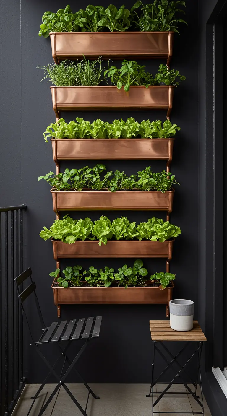 Copper vertical planters with greens and strawberries on a dark balcony wall