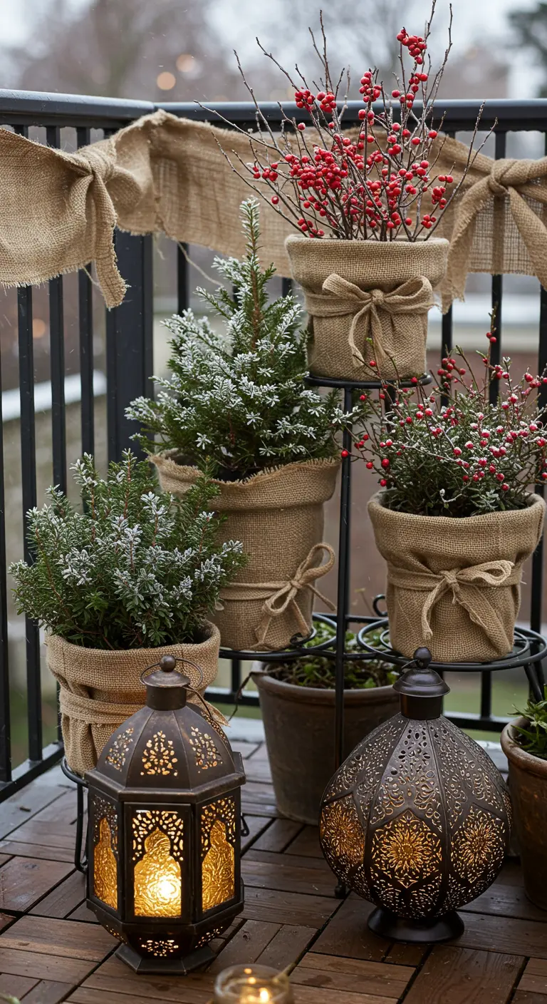 Balcony with a tiered stand holding burlap-wrapped plants, berries, and ornate lanterns.