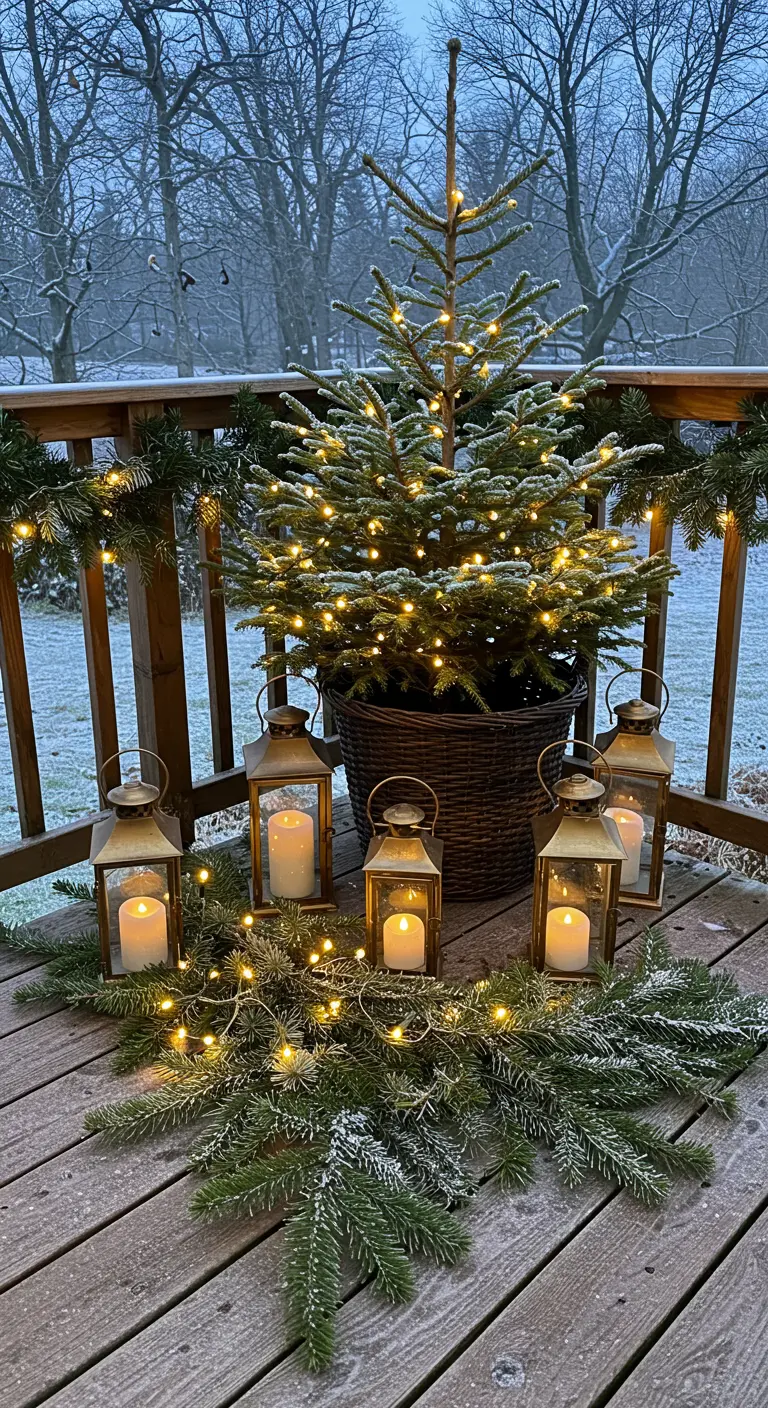 A small lit Christmas tree on a deck, surrounded by lanterns and garland.