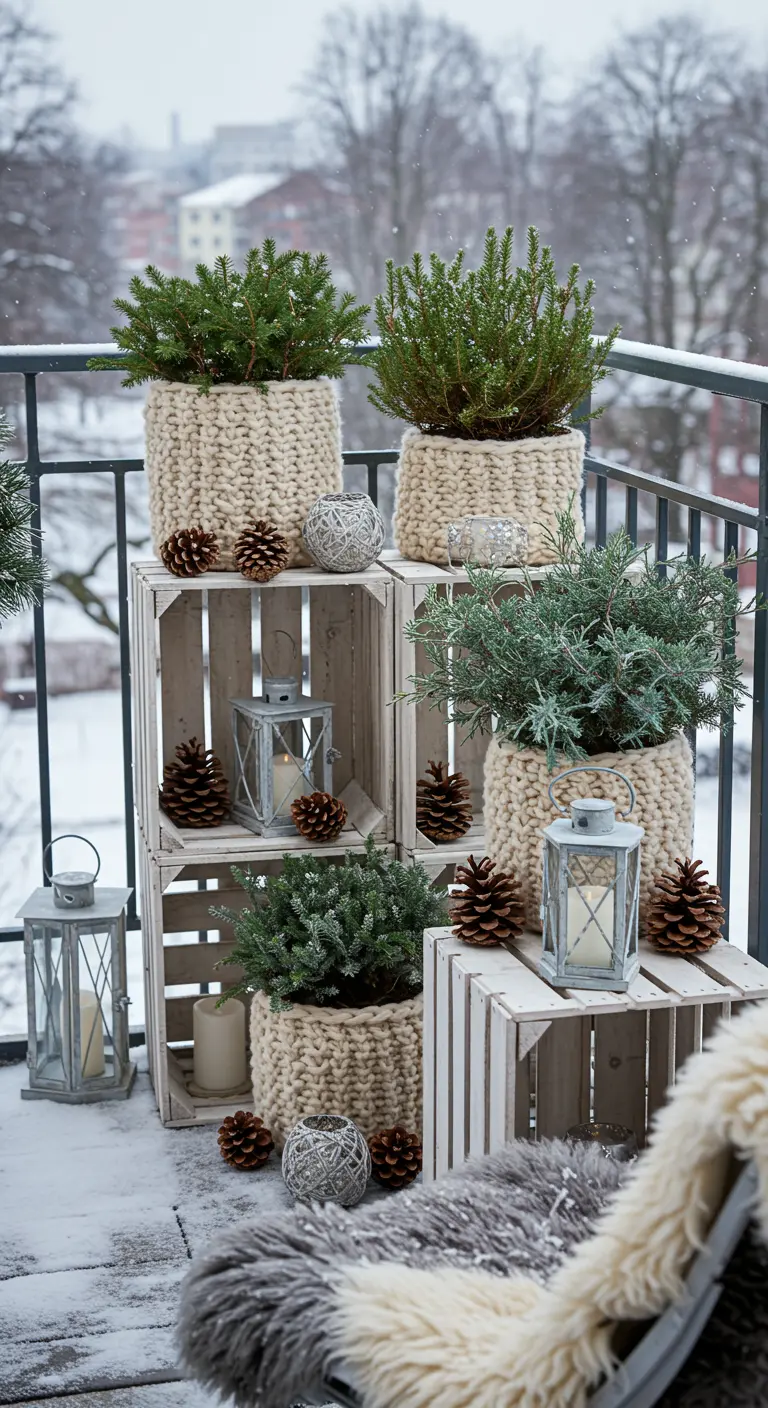 Snow-dusted balcony with stacked white crates, knit-wrapped plants, and cozy lanterns.