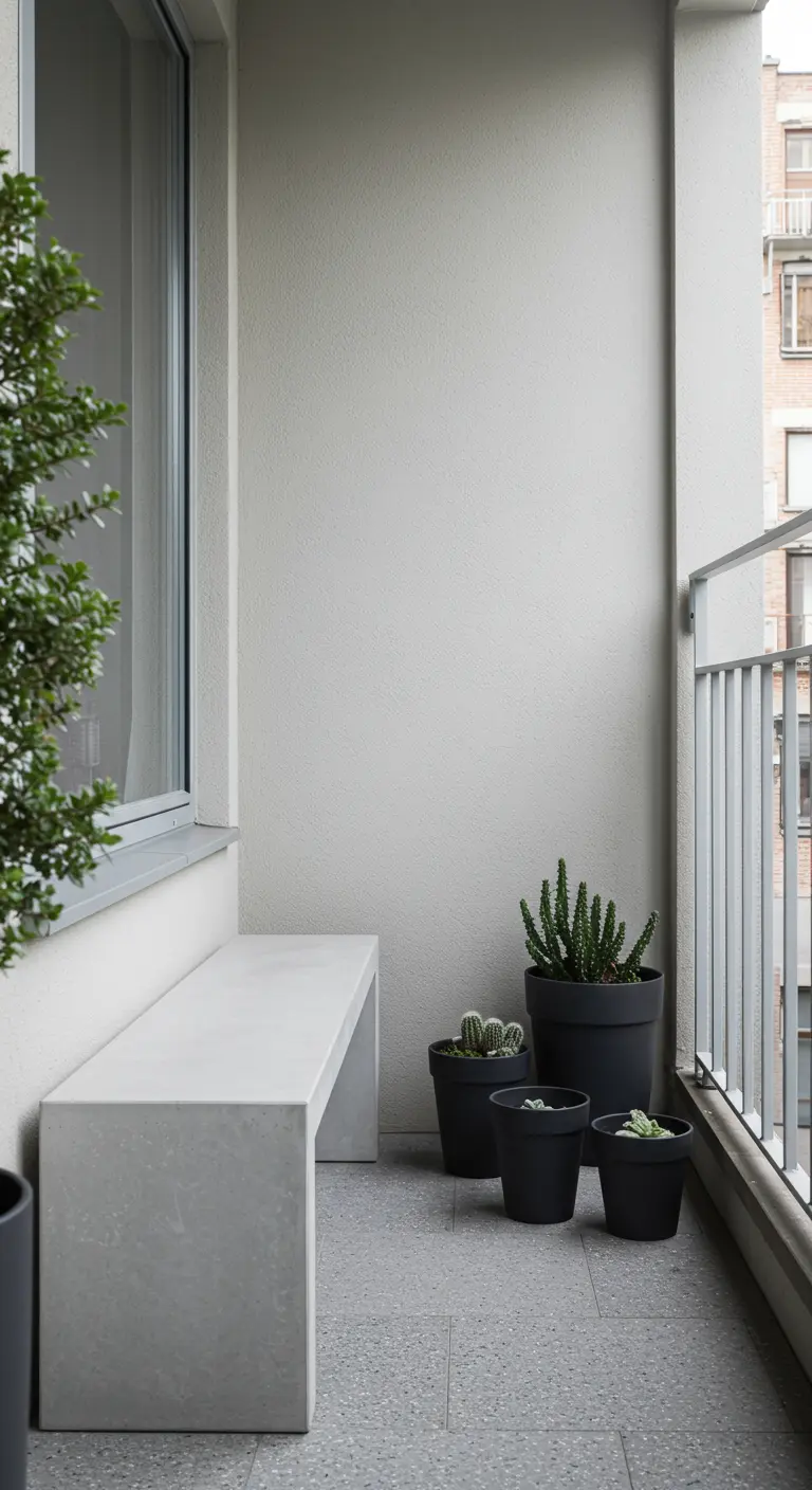 A minimalist concrete bench on a small apartment balcony with three simple black succulent pots.