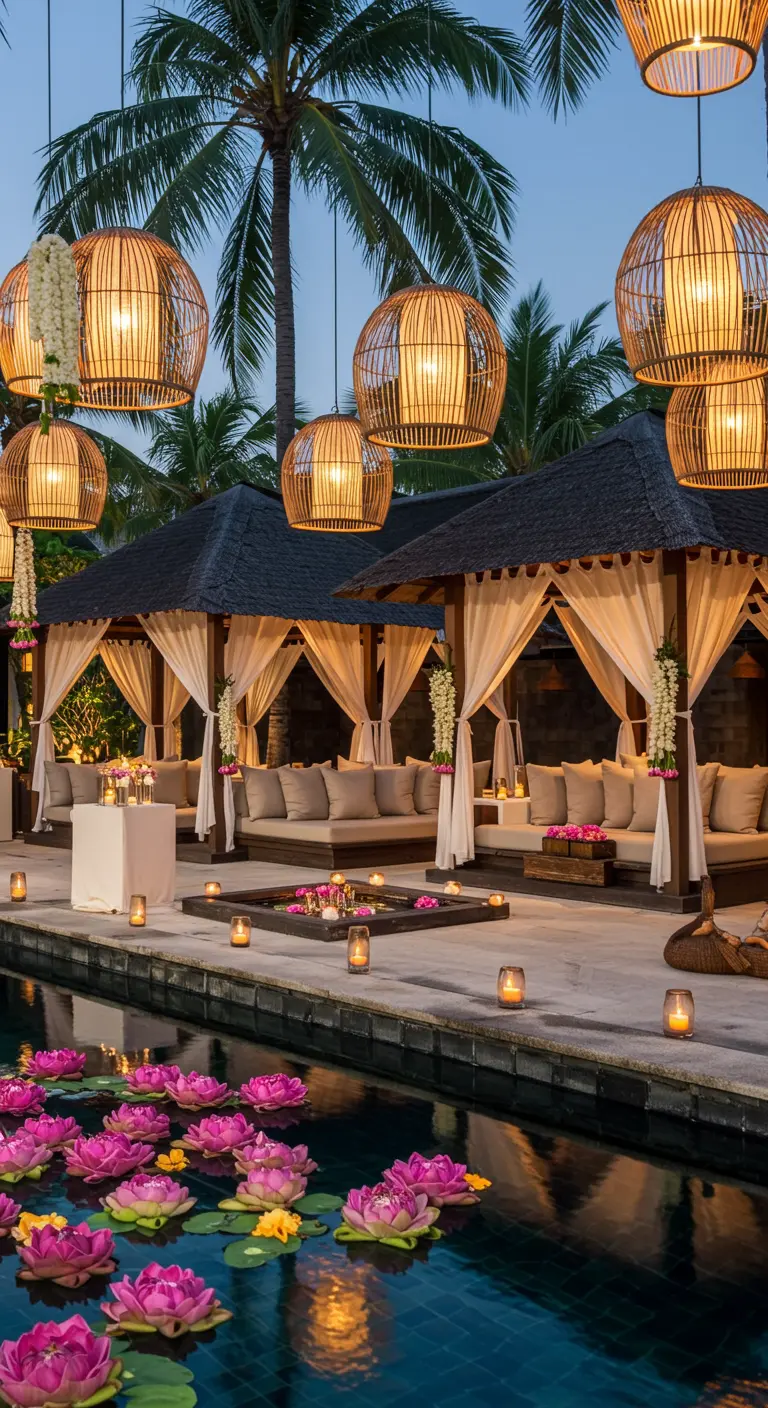 Poolside lounge with cabanas, lit by large hanging rattan lanterns and floating lotus flowers.