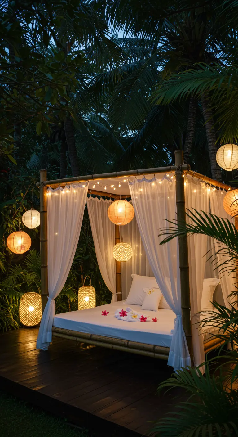 Bamboo canopy bed in a tropical garden with hanging paper lanterns at night.