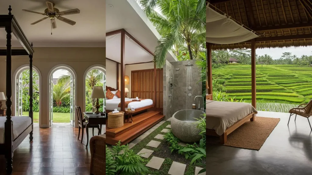 Balinese-inspired rooms featuring canopy beds, rattan accents, open-air concepts, and lush rice field views.