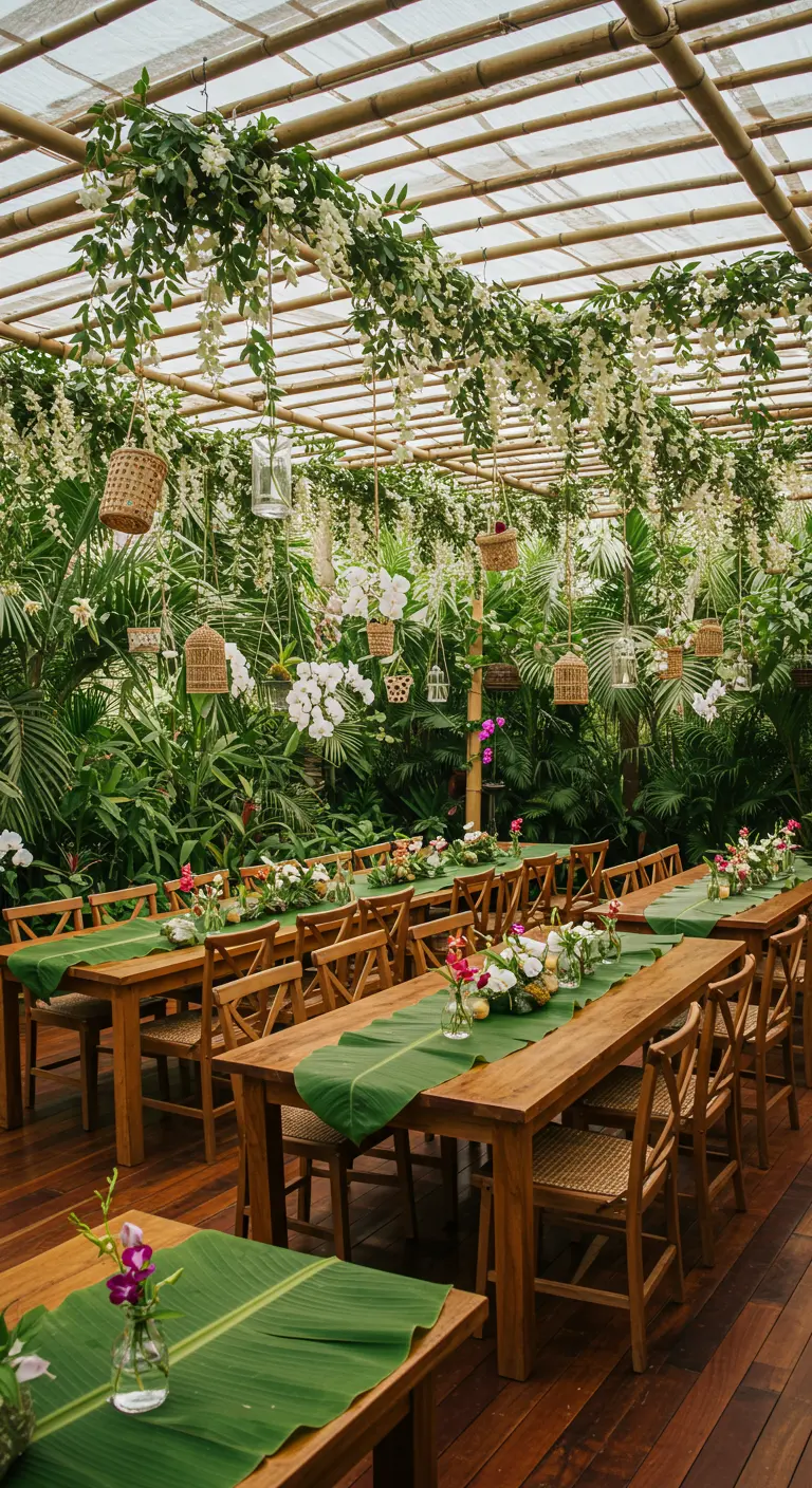A lush, jungle-like wedding setting with hanging baskets, orchids, and tropical greens.