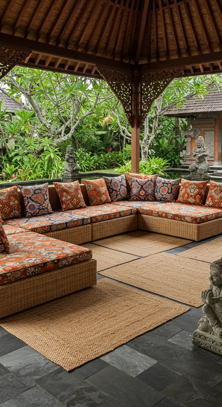 A large rattan sectional with patterned cushions in an open-air Balinese pavilion.