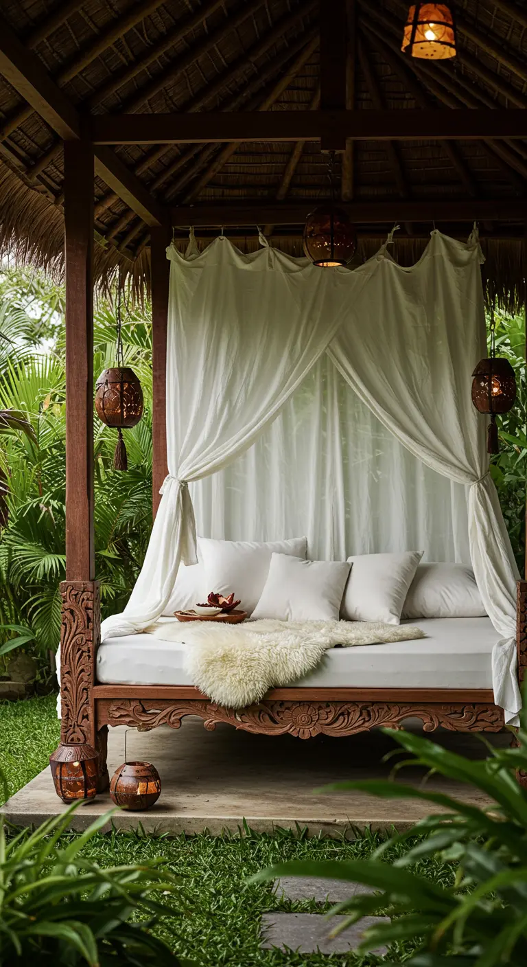 An ornate wooden daybed with white curtains in a tropical garden pavilion.
