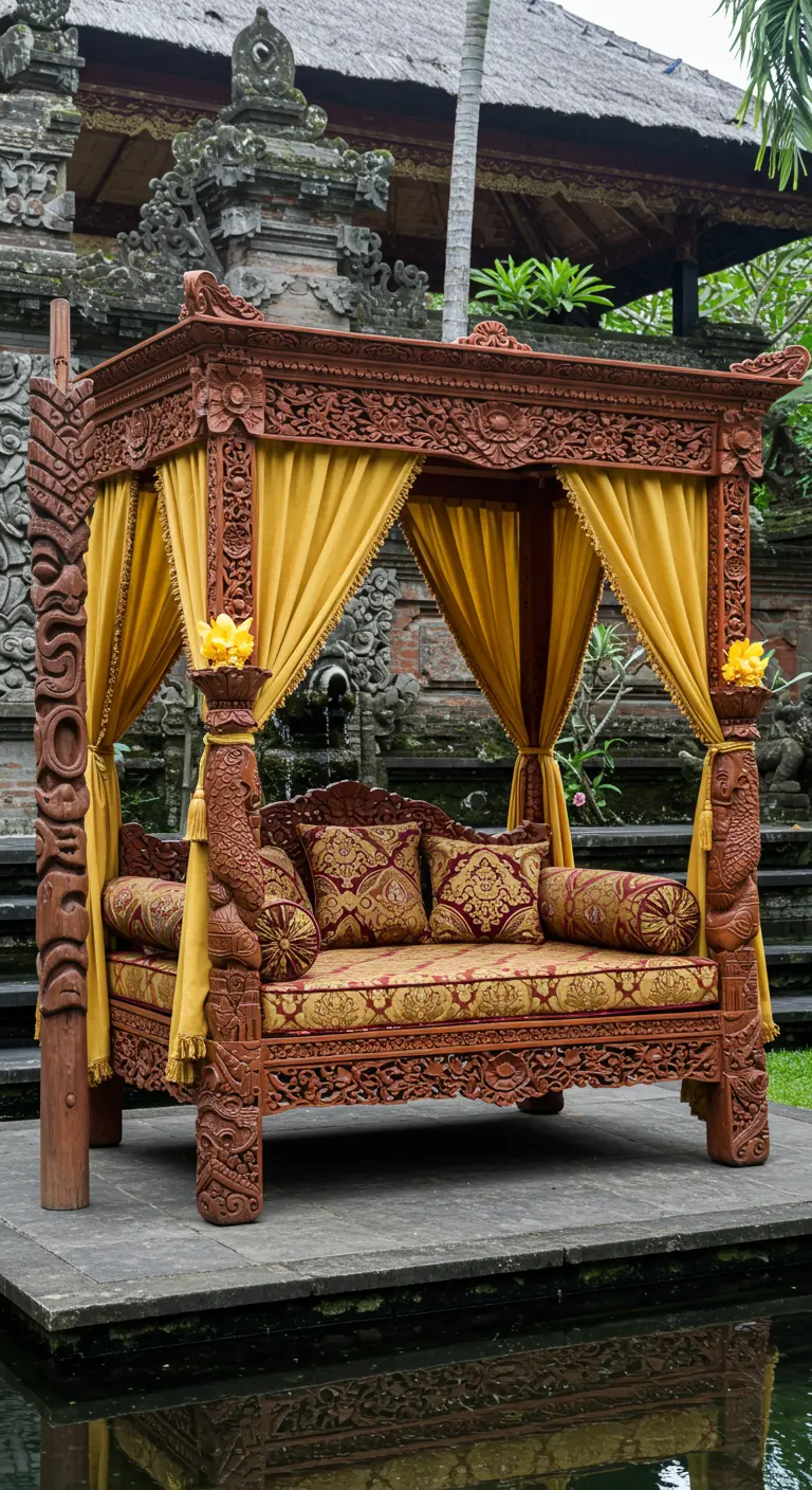 Ornately carved Balinese-style daybed with golden yellow drapes and patterned pillows.