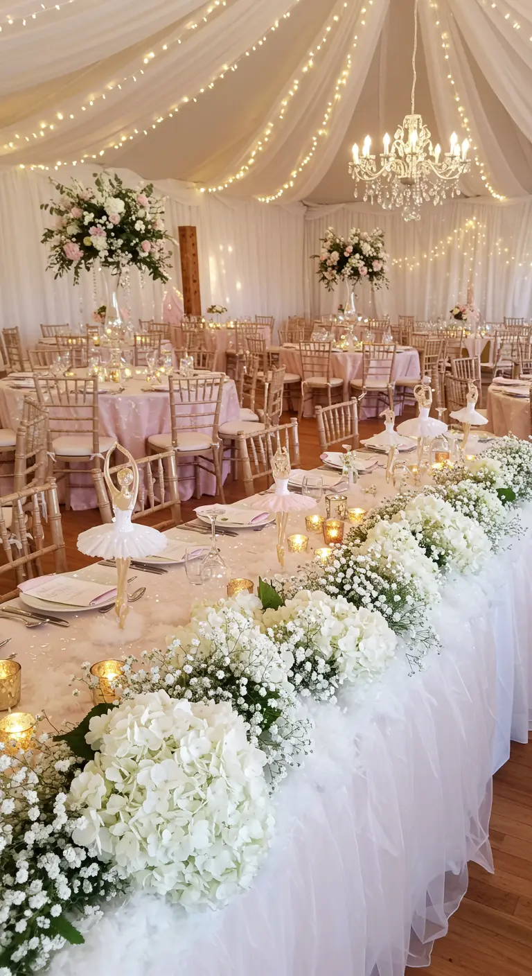 Wedding table decorated with a tulle skirt, white hydrangeas, and golden ballerina figurines.