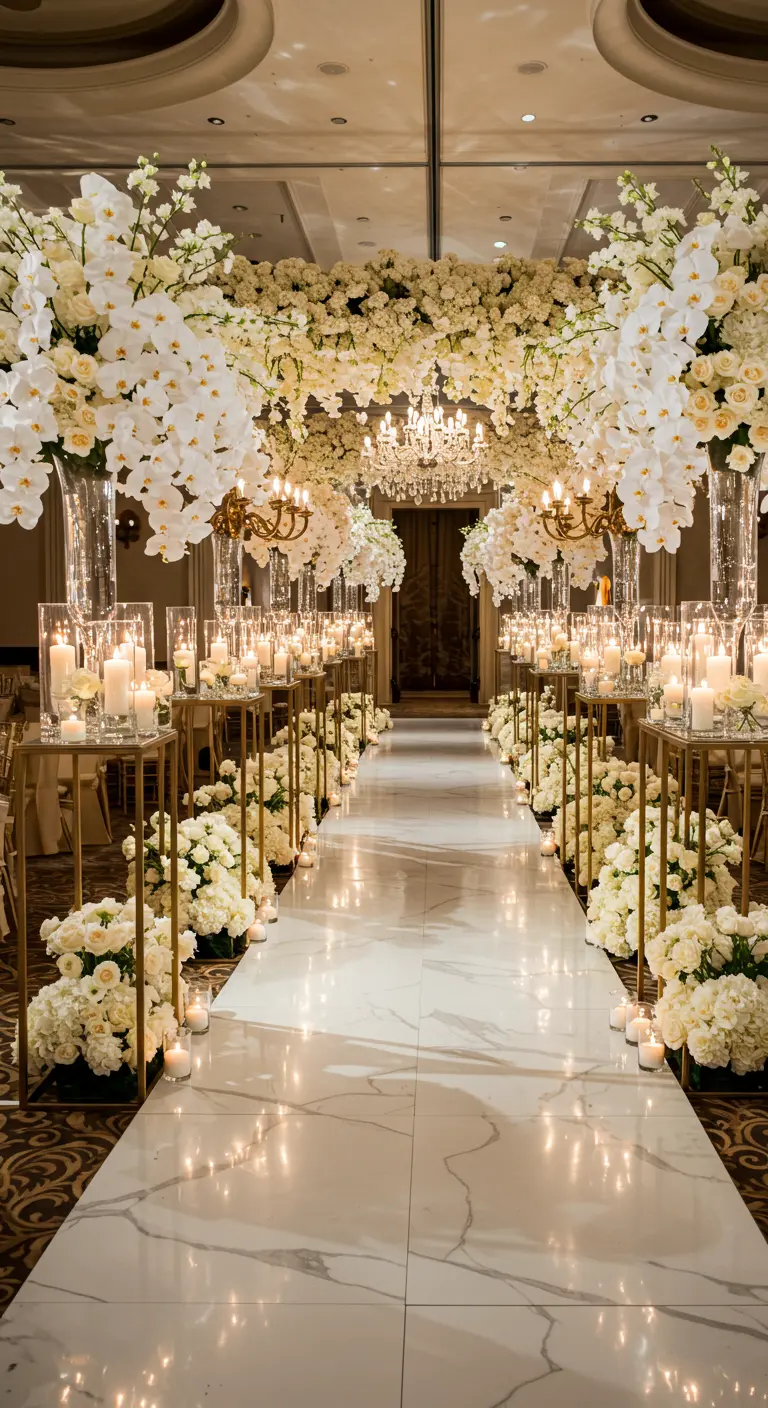 A grand ballroom aisle with gold stands, white flowers, and candles.