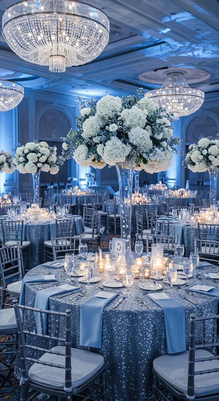 A grand ballroom with round tables covered in silver sequin tablecloths and tall floral centerpieces.